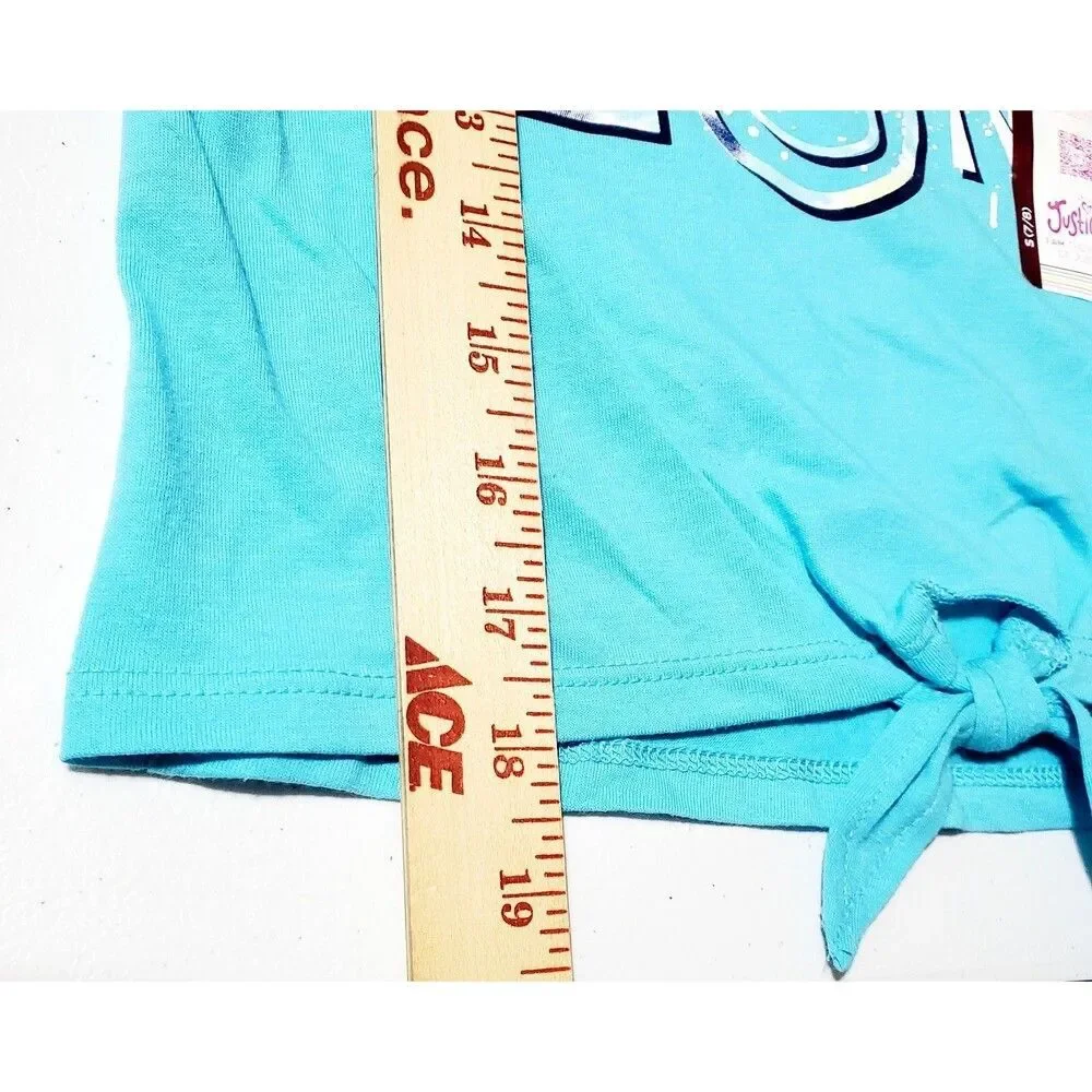 Justice Girls Graphic Tie Knot Front Short Sleeve Tee Size S (7/8) Blue NWT